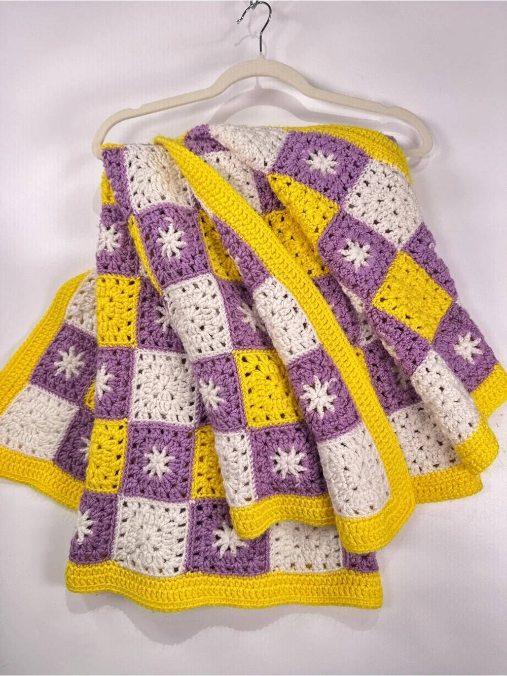 Handmade Vintage Granny Square Crochet Checkerboard Throw Purple Yellow 28x40